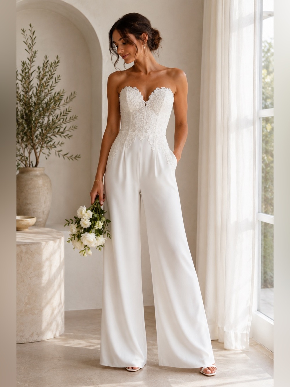 NWT Maniju White Bridal Jumpsuit Lace Sweetheart Strapless Wide Leg Wedding L